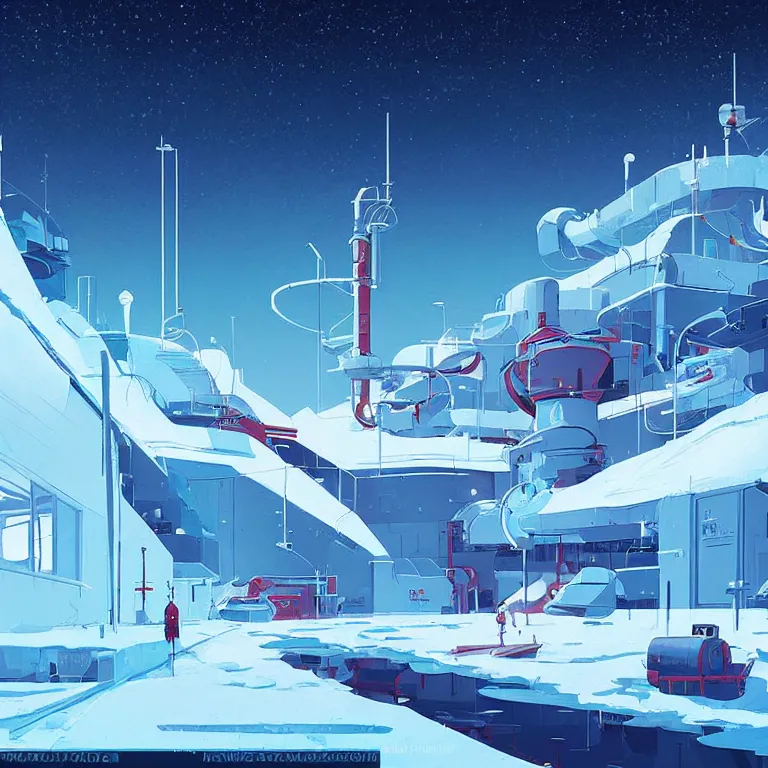 Image similar to A scientific base in north pole, cold, snowy, art by James Gilleard, James Gilleard artwork