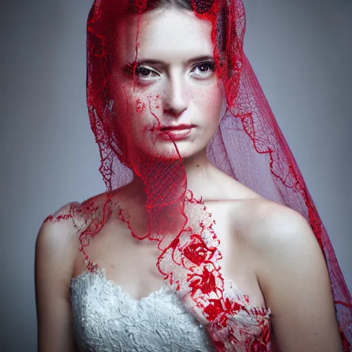 Prompt: Photorealistic photo of woman wearing a red wedding embroidered veil, , dramatic lighting, 88mm lens