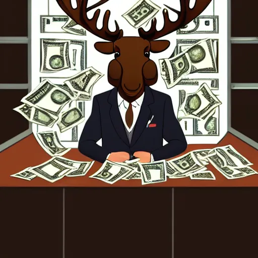 Image similar to a moose behind the counter at a bakery with a suit on piles of money on the counter, trending on art station, 8 k, beautiful lighting