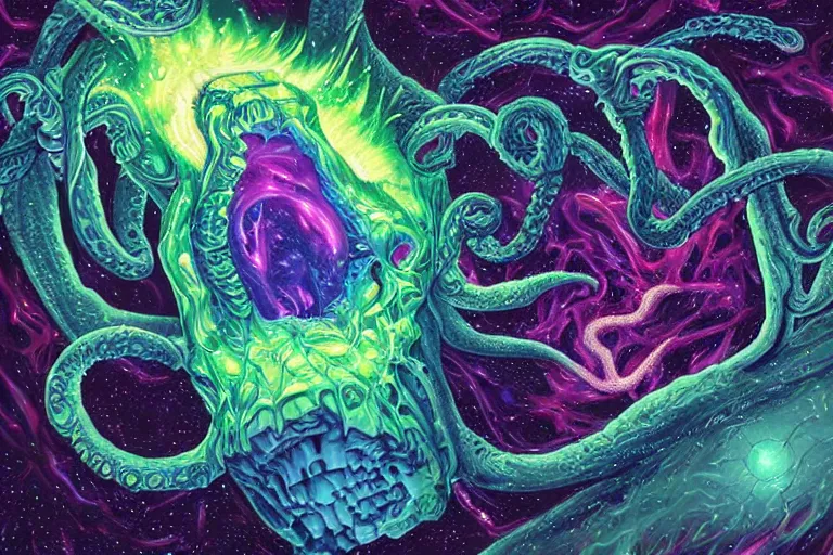 Image similar to a giant skull with lovecraftian tentacles emerging from a space nebula by dan mumford, digital art, photorealistic, vivid colors, highly detailed, intricate