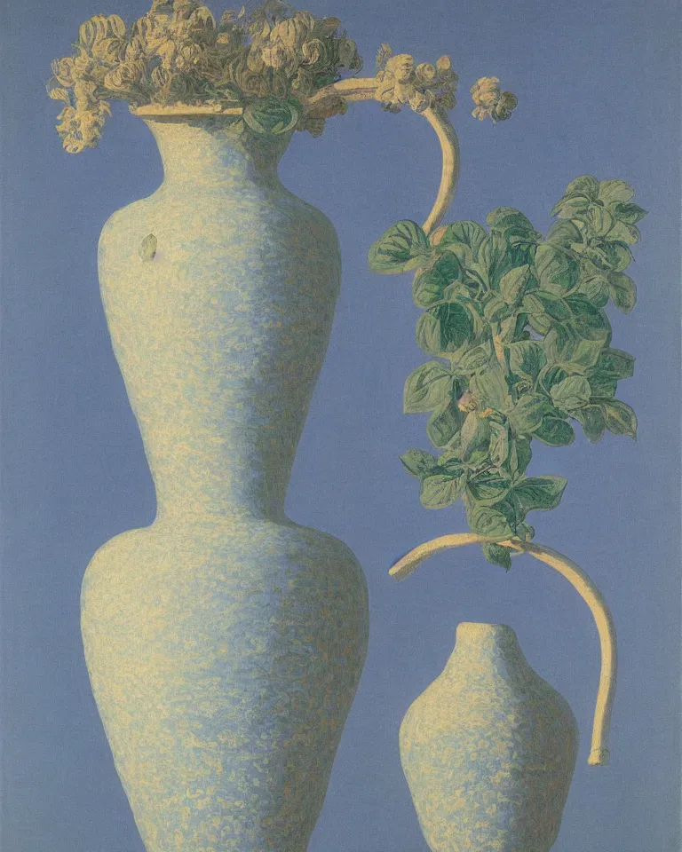 Prompt: achingly beautiful print of intricately painted ancient greek amphora on baby blue background by rene magritte, monet, and picasso.