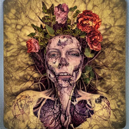 Image similar to a beautiful detailed front view portrait of a rotten woman corpse with fractal plants and fractal flowers growing around, volumetric light, beautiful lit, polaroid photography