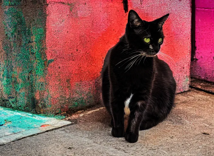 Image similar to photography of a Cat sitting on a box. in a cyberpunk street, award winning photo, colors, 100mm, sharp, high res