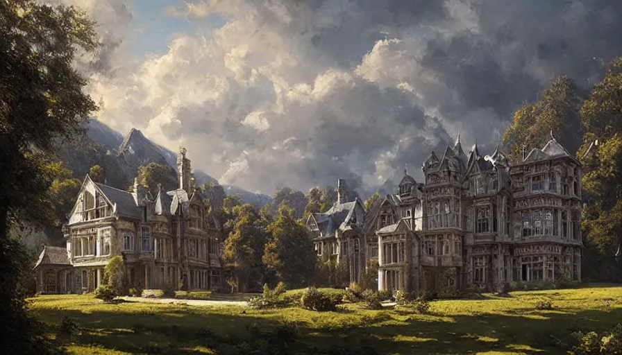 Image similar to portrait of a victorian manor house overlooking a valley, highly detailed, architecture, sunny, blue sky, cinematic lighting, highly angle, godrays, volumetric, digital art painting by greg rutkowski