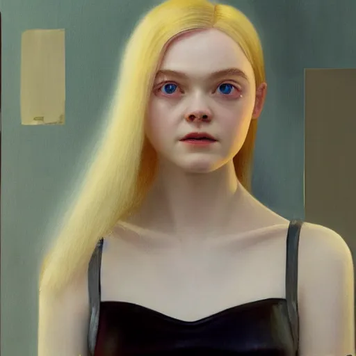 Image similar to Painting of Elle Fanning in Cyberpunk 2077, long blonde hair, delicate, pale milky white porcelain skin, by Edward Hopper. 8K. Extremely detailed.