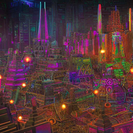 Image similar to a glossy claymodel of a steampunk aztec futuristic city, a city made of wires and multicolored glowing tubes, multicolored led screen, 8 k, front shot, symetrical, flourescent colors, halluzinogenic, multicolored, insanely detailed, 3 d render, octane