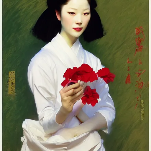 Image similar to yanjun cheng portrait of a beautiful geisha android holding flowers by norman rockwell, bouguereau