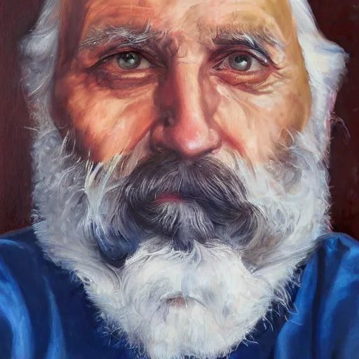 Image similar to realistic portrait painting of an old bearded man, centered composition, identical gazing eyes, oil on canvas