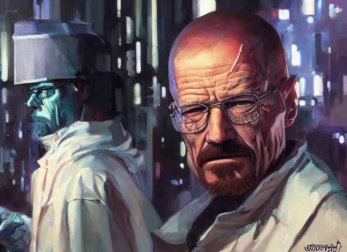 Prompt: a highly detailed beautiful portrait of walter white cyberpunk, by gregory manchess, james gurney, james jean