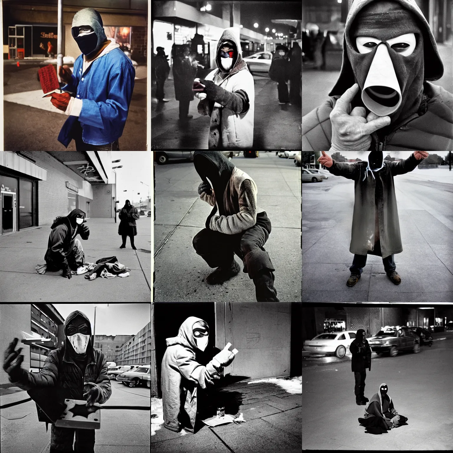 Prompt: kodachrome photo, homeless sub zero from mortal kombat in a mask doing magic tricks, by bruce gilden, on a parking lot, overexposed, harsh flash, grainy, kodachrome, magnum photos