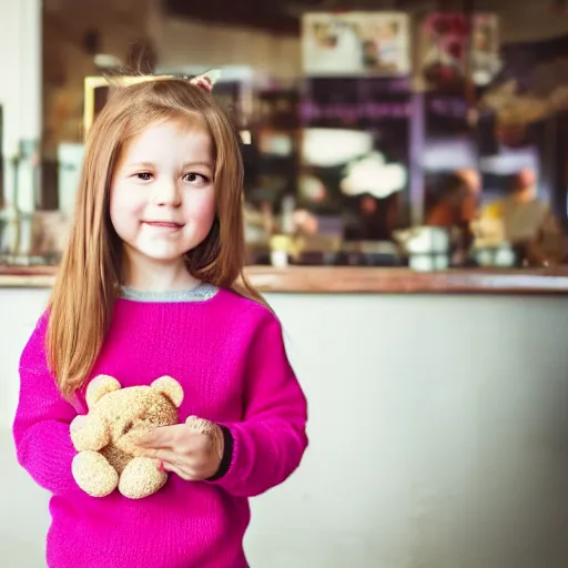 Image similar to cute girl in a pink sweater with a teddy bear sits in a cafe photo, medium shot, 8 5 mm