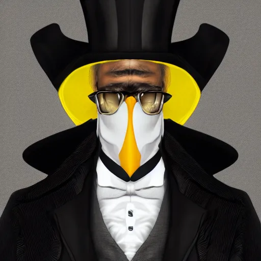 Image similar to a highly detailed portrait of a man in a high top hat covering his face, in a black tailcoat with a yellow waistcoat under the tailcoat, artstation, deviantart, professional, unreal engine 5, photorealistic