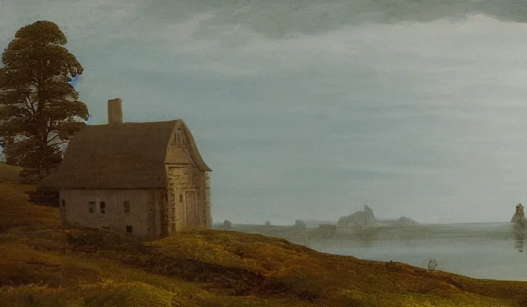 Prompt: A serene landscape with a singular building in the style of Caspar David Friedrich.