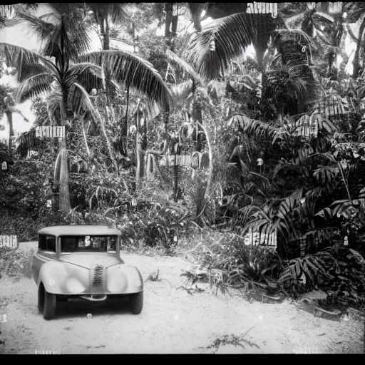 Image similar to a rizom lost film footage of a ( ( ( ( ( ( ( ( object ) ) ) ) ) ) ) ) in the middle of the tropical jungle / tropicalism / tropicalism / tropicalism / film still / cinematic / enhanced / 1 9 2 0 s / black and white / grain