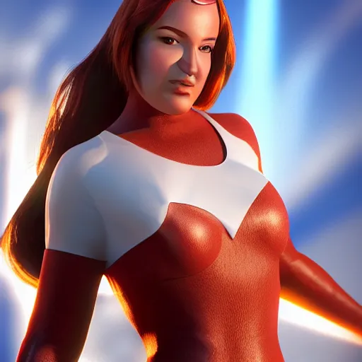 Image similar to female superhero with sausage fingers digital art realistic raytracing light rays