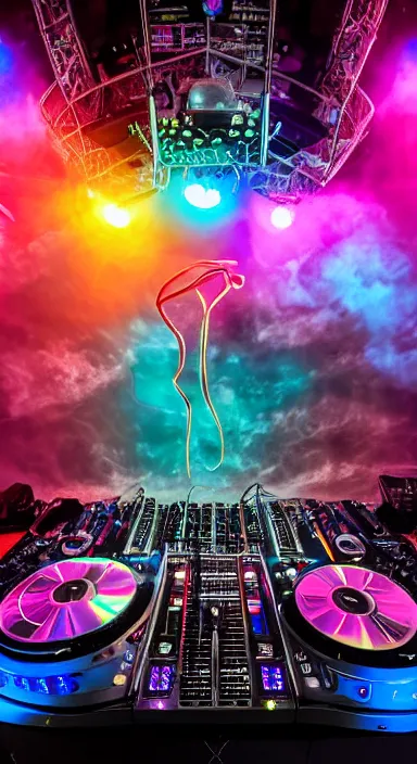 Image similar to award winning photo of an octopus! as a dj with tentacles! simultaneously placed turntables cdjs and knobs of a pioneer dj mixer. sharp, blue and fuschia colorful lighting, in front of a large crowd, studio, medium format, 8 k detail, volumetric lighting, wide angle, at an outdoor psytrance festival main stage at night