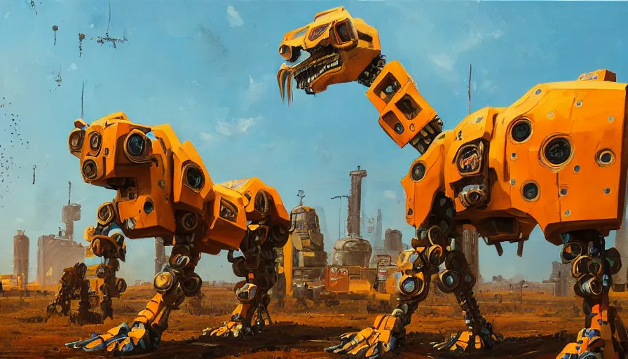 Image similar to an intricate oil painting of a giant south african armored cheetah shaped scrap metal mecha by simon stalenhag, yellow, orange and cyan paint decals