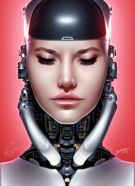 Prompt: portrait of a cyborg woman who turns her head to the ((((((right))))) left+350 (((((up+1))))) (((((down))))) by Artgerm,eyes closed , biomechanical, hyper detailled, trending on artstation