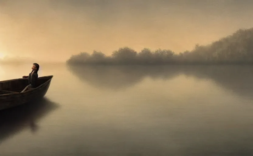 Image similar to a strange lake directed by charlie kaufman ( 2 0 0 1 ) anamorphic lenses, foggy volumetric light morning, a sad lonely row boat in the center, cinematic trending on artstation in the style of greg rutkowski