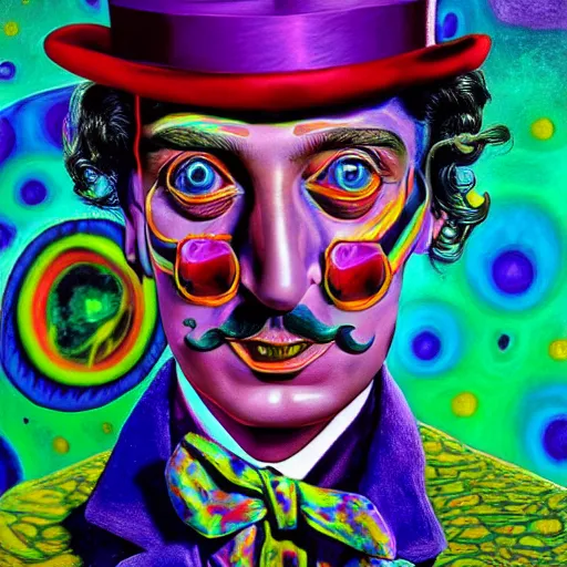 Image similar to an extremely psychedelic portrait of salvador dali as willy wonka, surreal, lsd, face, detailed, intricate, elegant, lithe, highly detailed, digital painting, artstation, concept art, smooth, sharp focus, illustration,