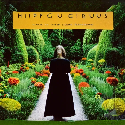 Image similar to woman standing in a french garden, blurry dark creature standing behind her, bright summer day, album cover, by hipgnosis