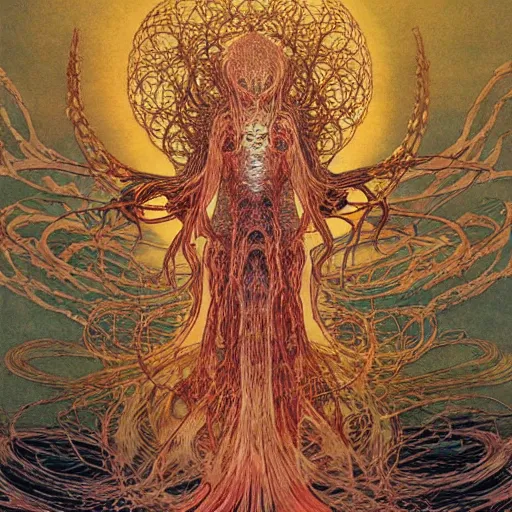 Image similar to simple concept art of, ‘ the old god ’. an award winning yoshitaka amano digital art poster, by james gurney and gerhard richter. art by takato yamamoto. masterpiece, deep colours.