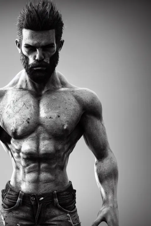 Image similar to a single muscular man wearing torn clothes, looking to the right, profile picture, hyperrealistic, concept art, octane render, unreal engine 5, trending on artstation, high quality, highly detailed, 8 k, dramatic lighting, cinematic, high coherence, anatomically correct, five fingers, digital art, seductive, black and white, big beard, epic