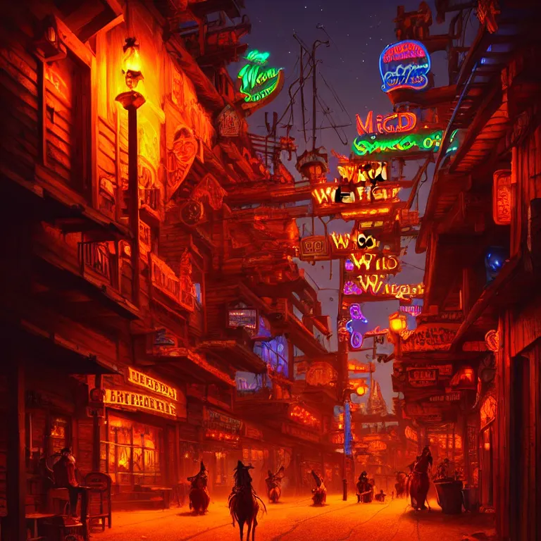 Prompt: A street-level view of a magical wild-west town at night with wooden buildings and colorful neon lights; beautiful, dangerous, detailed, best on artstation, cgsociety, wlop, cosmic, epic, stunning, gorgeous, masterpiece