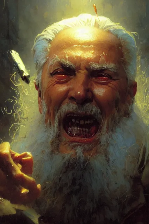 Prompt: an evil old wizard eating baked beans, extreme close up insane face portrait dnd, painting by gaston bussiere, craig mullins, greg rutkowski, yoji shinkawa