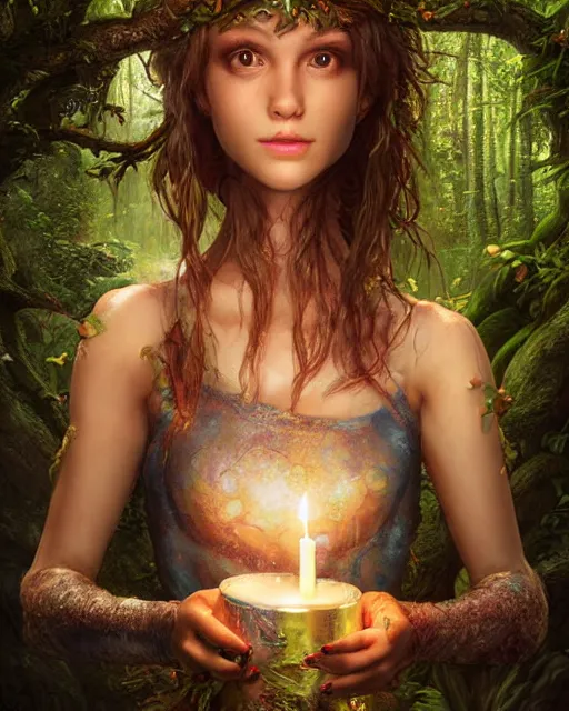 Prompt: portrait high definition photograph cute girl holding a candle fantasy character art, hyper realistic, pretty face, hyperrealism, iridescence water elemental, snake skin armor forest dryad, woody foliage, 8 k dop dof hdr fantasy character art, by aleski briclot and alexander'hollllow'fedosav and laura zalenga