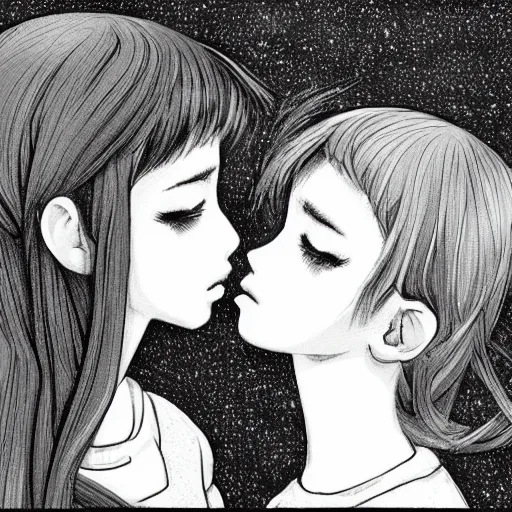 Image similar to portrait of two girls kissing, detailed manga art