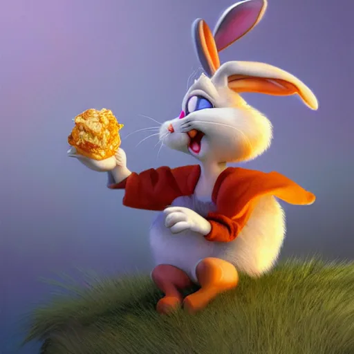 Image similar to cinematic view of bugs bunny from cartoons eating a carrot digital painting, artstation, concept art, soft light, hdri, smooth, sharp focus, illustration, fantasy, intricate, elegant, highly detailed, D&D, matte painting, in the style of Greg Rutkowski and Alphonse Mucha and artemisia, 8k, highly detailed, jurgens, rutkowski, bouguereau, pastoral, rustic, georgic