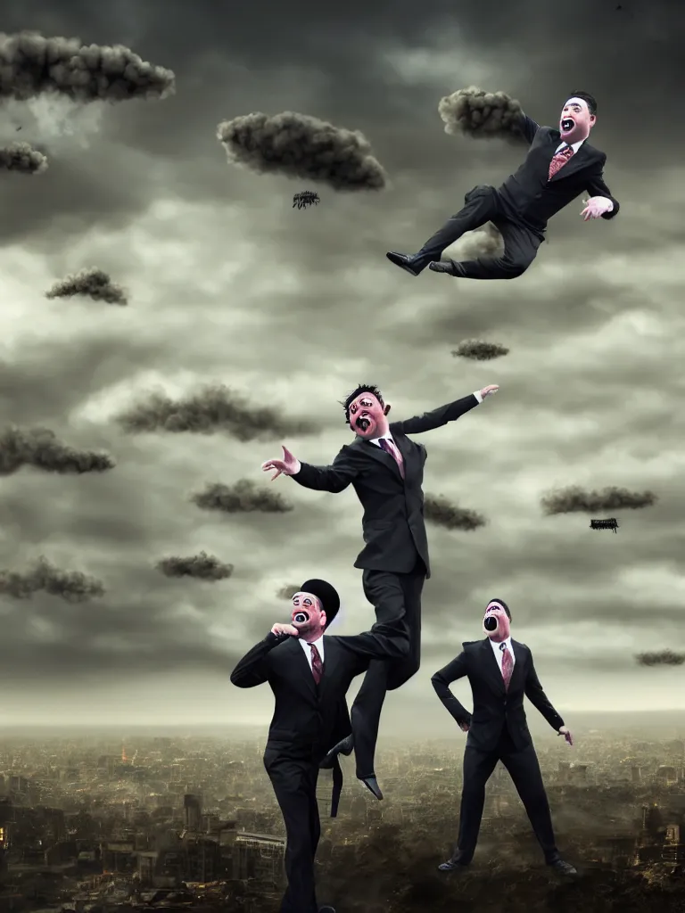 Prompt: a Comedian in suit and tie performing in a battle field with smiling dead bodies on the ground, comedian is funny, performing to dead soldiers, nuclear bomb cloud in far horizon, apocalypse, trending on artstation, artstationHD, hyperdetailed matte painting, highly detailed, digital painting, hyper-realistic, realistic, photo-realistic