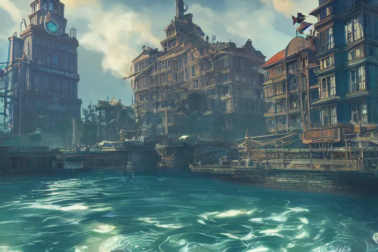 Image similar to beautiful water city in the style of a bioshock infinite screenshot, concept art, artstation, deviantart, behance, highly detailed