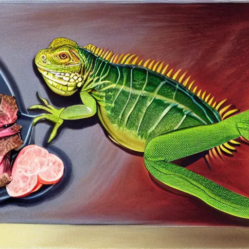 Image similar to iguana in the kitchen holding a spatula cooking a steak, realism,