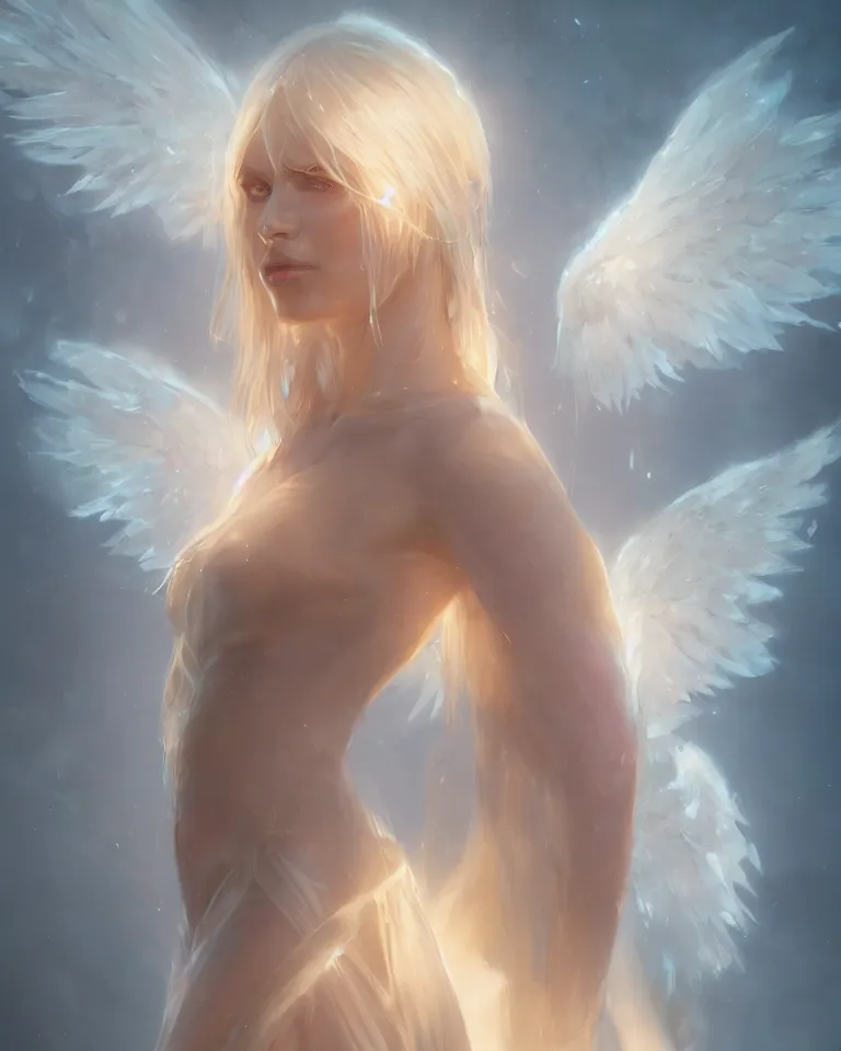 Image similar to portrait of a blonde fantasy goddess, white elegant clothing, glowing aura, angel wings, artstation, 4 k, greg rutkowski, concept art, matte painting