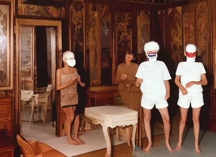 Prompt: realistic photo of the people wearing wooden masks, white fluffy cotton shorts, polished and fancy, standing in the wooden room full of wooden furniture 1 9 9 0, life magazine reportage photo