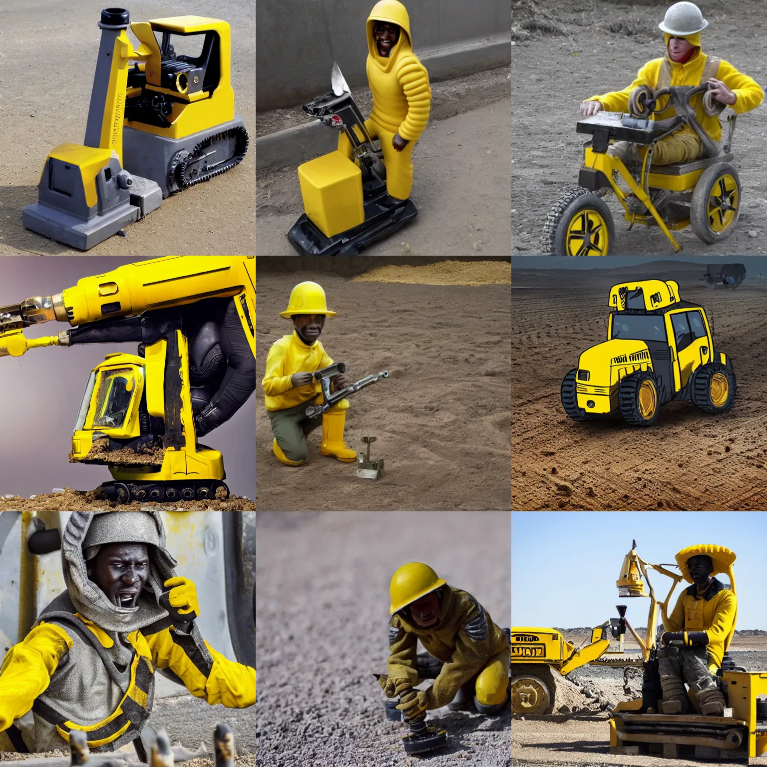 Prompt: a burrowing soldier in yellow equipment, driving a drill car machine, diamond bit,