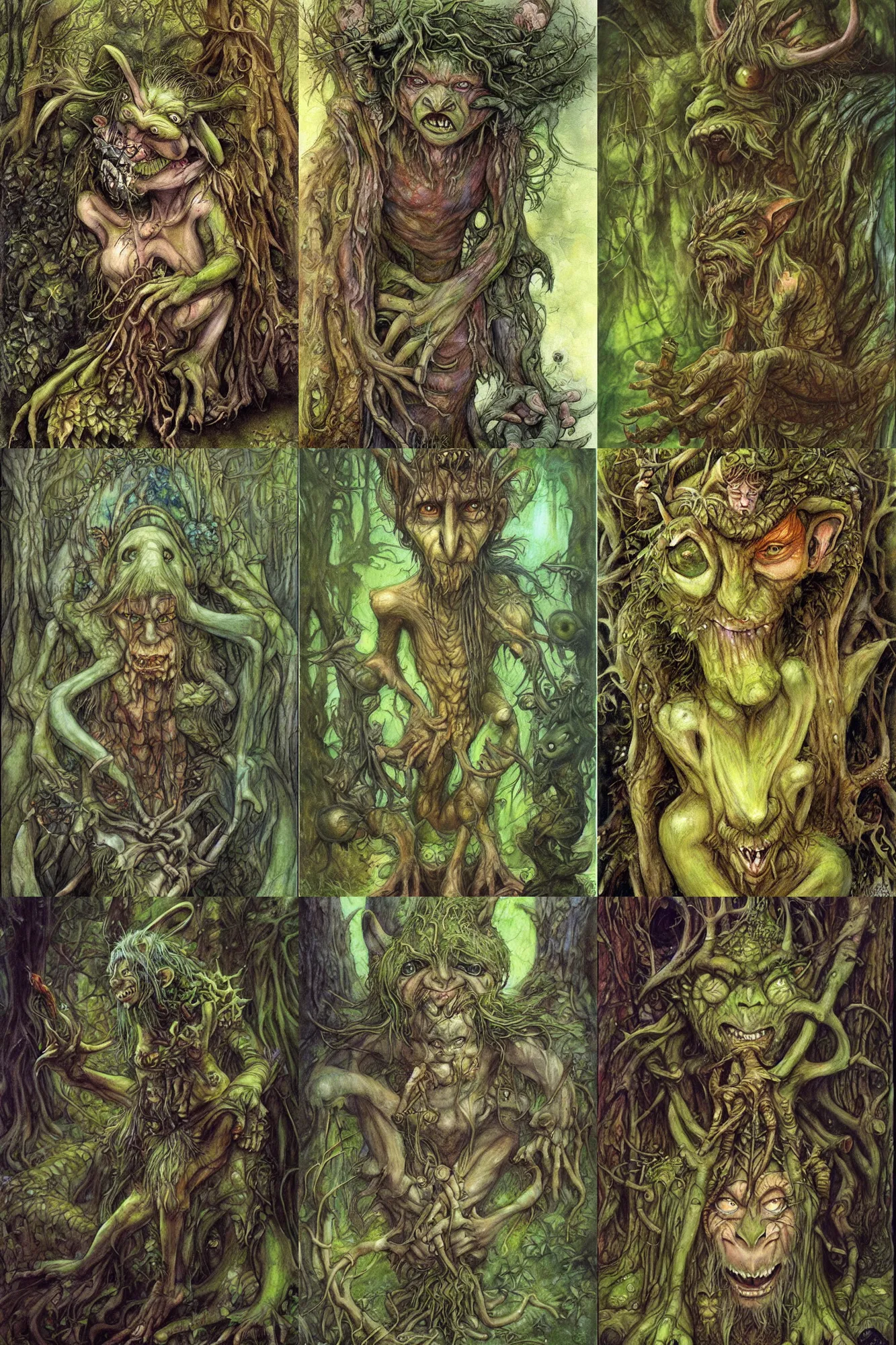 Prompt: beautiful painting of a forest goblin by Brian Froud, fantasy, folklore, very detailed, high quality