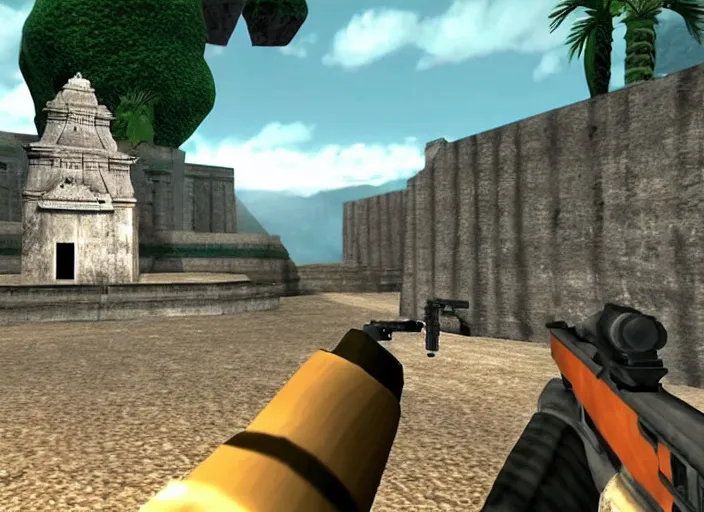 Prompt: a lonely temple next to an ancient city. screenshot of goldeneye. nintendo 6 4 ( 1 9 9 6 )