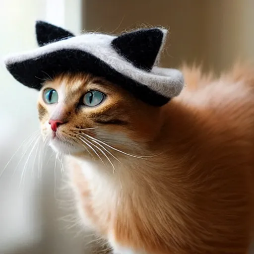 Image similar to cute cat photo, wearing wool hat, tongue mlem, cat ears