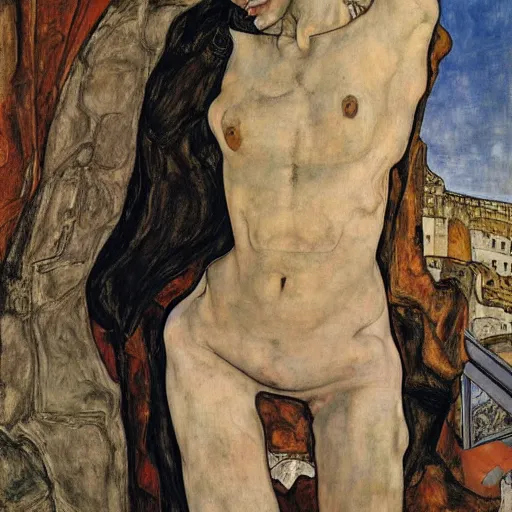 Prompt: a highly detailed painting by egon schiele and caravaggio of a young woman with long black hair having an existential crisis on a terrace overlooking the colosseum, 4 k