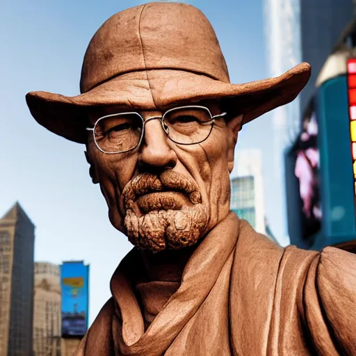 Prompt: extreme long - shot photograph of a renaissance clay sculpture of walter white wearing a phrygian cap in times square, made by michelangelo, hyper detailed, sharp focus, 8 k resolution, ray tracing