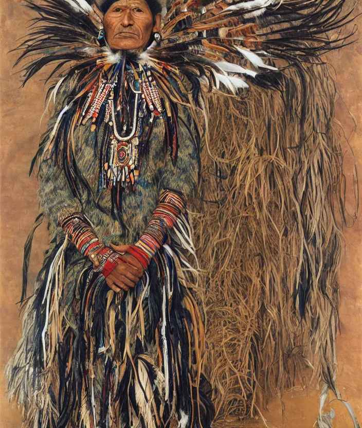 Image similar to full body shot picture of indigenous people leader in canyon, painted by lucian freud, intricate costume design, beautiful feathers, hd, super detailed, realistic, muted colors