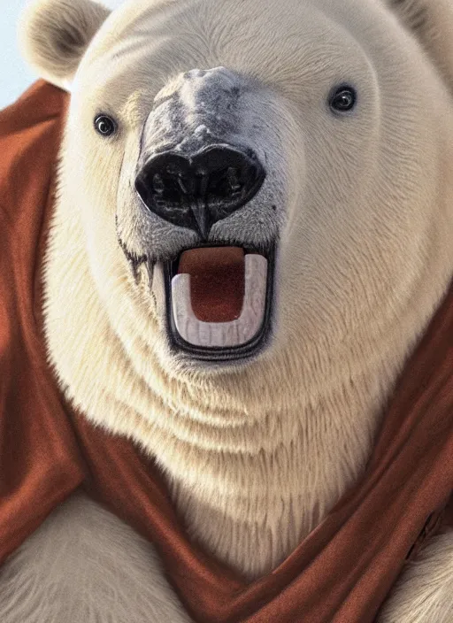 Image similar to a polar bear with stubble, wearing brown jedi robes, smiling, close up, portrait style, star wars atmosphere, photographic print, artgerm, hyper - realistic