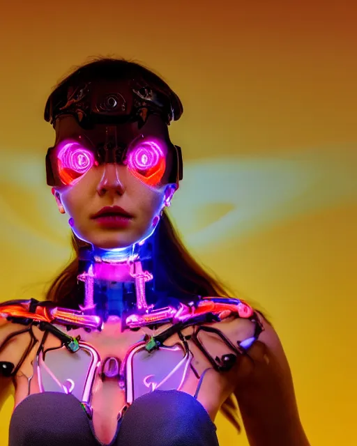 Prompt: portrait photo of dreamy female as a solarpunk cyborg with fluorescent lamps over face, robotic body parts around neck, real human face with skin, ultra - realistic and detailed, long exposure, soft focus hdr 8 k