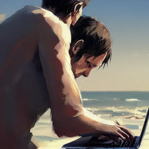 Image similar to concept art of man working on laptop at beach, perfect face, fine details, by greg rutkowski, makoto shinkai