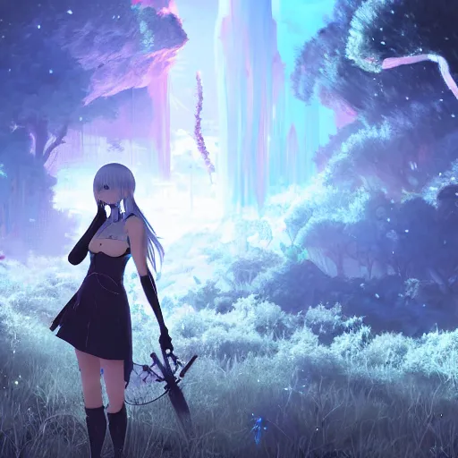 Prompt: scenery artwork, scene luminous, bioluminescent acrylic and cold nier automata pixiv scenery artwork : nature dream wire vegetation magic density infinite, macro seminal dream points of icy, frozen vaporwave shards tempted to turn into a dream scenery, high quality topical render, nier automata, concept art