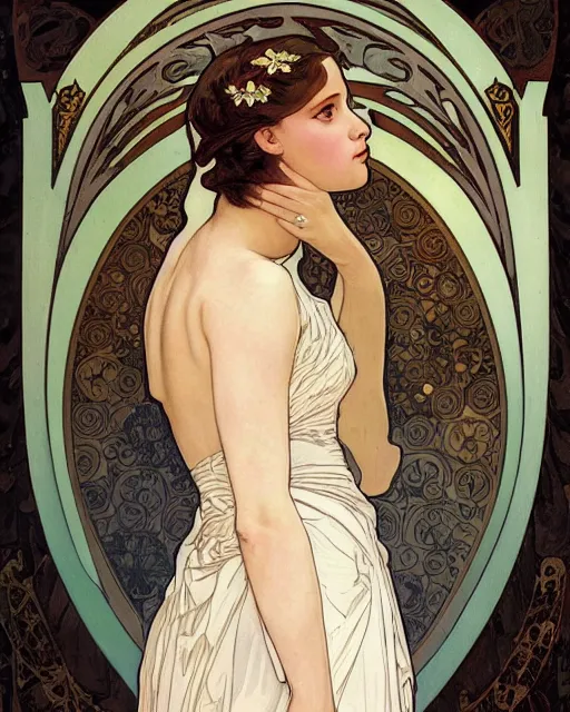 Image similar to an art nouveau painting of a girl resembling alicia vikander or millie bobby brown in a wedding dress, highly detailed, intricate, artstation, by alphonse mucha