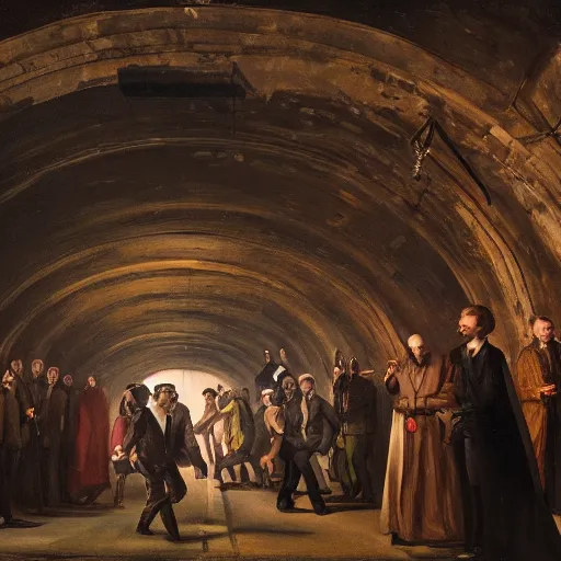 Image similar to underground tunnels inhabited by portly white men in suits and ties, computers, lights and switches, portal to another world, baroque oil painting